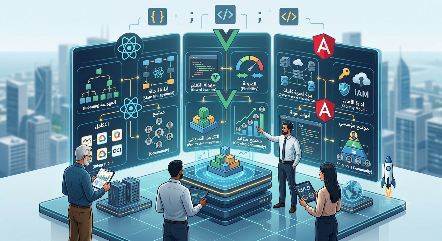 مقارنة أطر عمل JavaScript: React مقابل Vue مقابل Angular